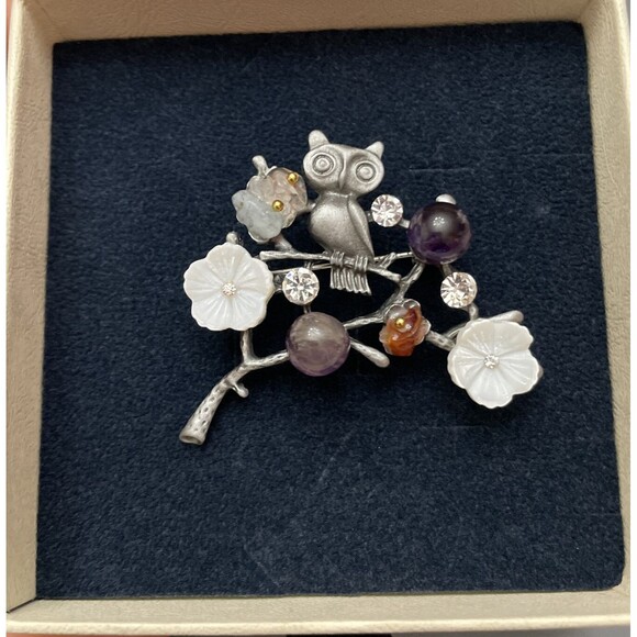 Owl On A Branch Brooch Natural Stone Flower Hijab Pin Costume Jewellery - Picture 2 of 9